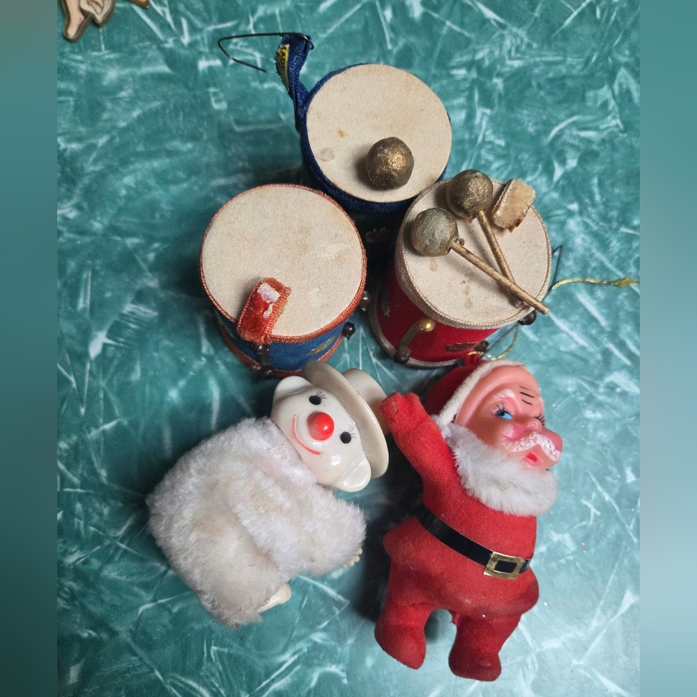 50s/60s Vintage Red Santa, Snowman Clip and Drum Ornament Set